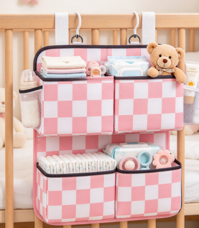 13 Crib-Hanging Diaper Organizer, Pink Plaid - Image 1
