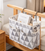Hanging Bedside Storage Organizer, Gray With Triangular Pattern - Image 2
