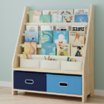 Four-Tier Solid Wood Children's Bookshelf With Fabric Pockets And Storage Bins