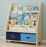 Four-Tier Solid Wood Children's Bookshelf With Fabric Pockets And Storage Bins