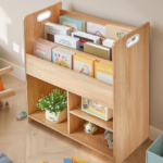 Wooden Children's Bookshelf With Front-Facing Display And Partitioned Toy Storage