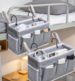 Hanging Bedside Storage Organizer, Gray Basket With Pockets - Image 2