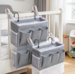 Hanging Bedside Storage Organizer, Gray Basket With Pockets