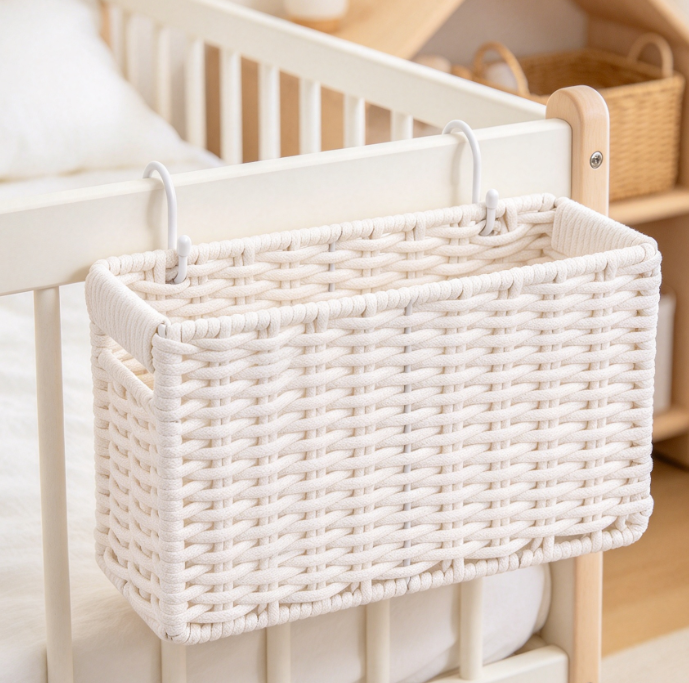 7 Cotton-Rope Woven Bedside Storage Organizer, Foldable, White - Image 1
