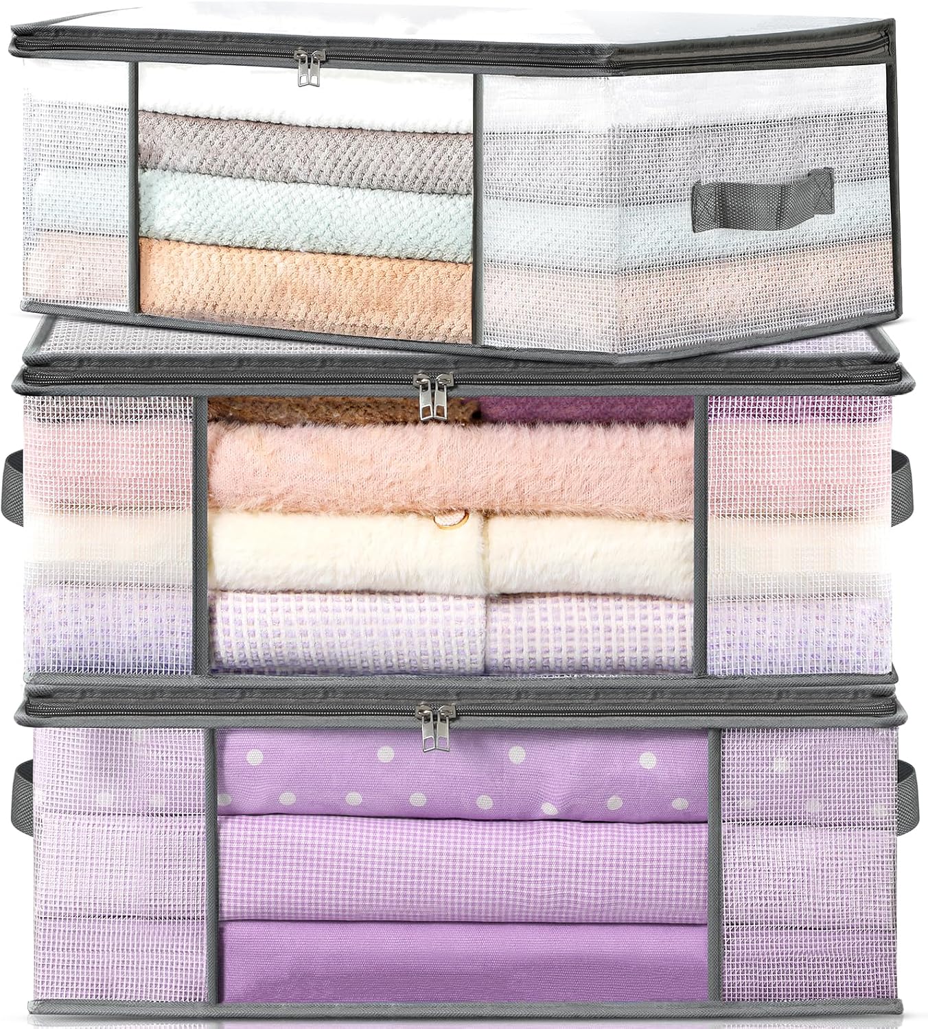 81sDU-nqlL._AC_SL1500_.jpg Three-Piece Clothing Storage Set, Foldable Plastic Bins For Blankets - Image 1
